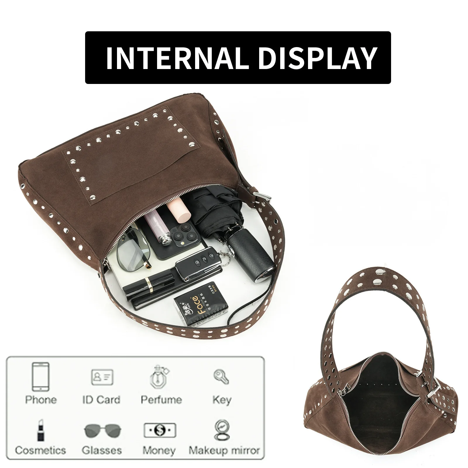 نصف القمر برشام الإبط حقائب للنساء الشرير رصع حمل حقيبة كتف فو الجلد المدبوغ المتسوق المحافظ مصمم حقائب اليد الإناث مخلب