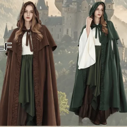 loween Gothic Witch Medieval Hooded Cloak Role-plang Costume Women's Faion Polyester Material Ethnic Stage Costume