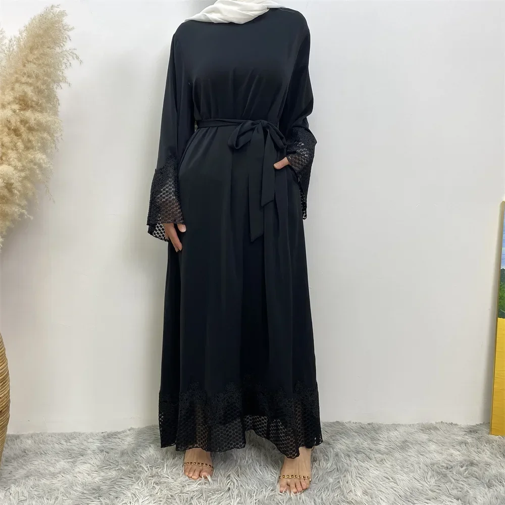 Women Eid Muslim Abaya Ramadan Morocco Arab Dubai Hollow Solid Abayas Islam Kaftan Pockets Long Robe Loose Vestidos Belt