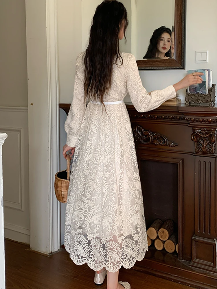 Herbst Spitze Stickerei Langarm Polo Kragen Hemd Kleid Frauen Elegante Verband Kleid 2025, Koreanische Vintage Luxus Abendkleid