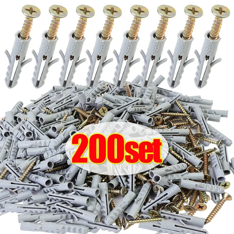 200-50Set Plastic Expansion Tube Pipe Drilling Plug Self Tapping Screws Concrete Wall Anchors Fastener Screw Bolt Assortment Kit