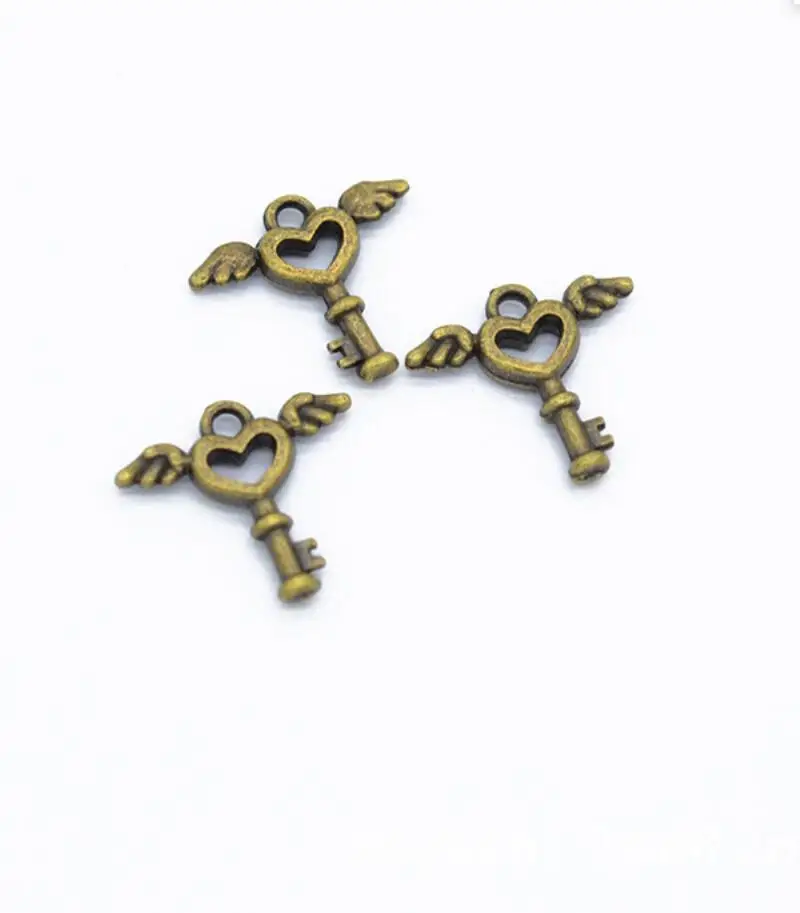 300pcs Fashion Metal 3 color Love Heart wings key Charms For Jewelry Making Diy Handmade 15*14mm F0420