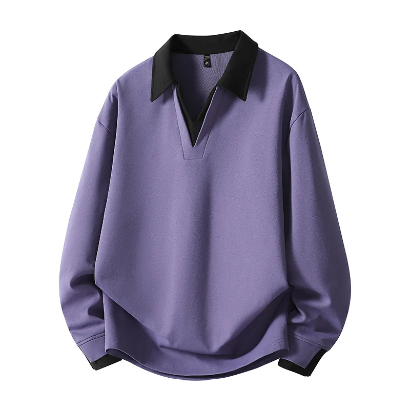 العصرية كبيرة الحجم اللون مطابقة قميص بولو سترة برقبة على شكل v الرجال الربيع والخريف جديد وهمية قطعتين قميص فضفاض قاع #2