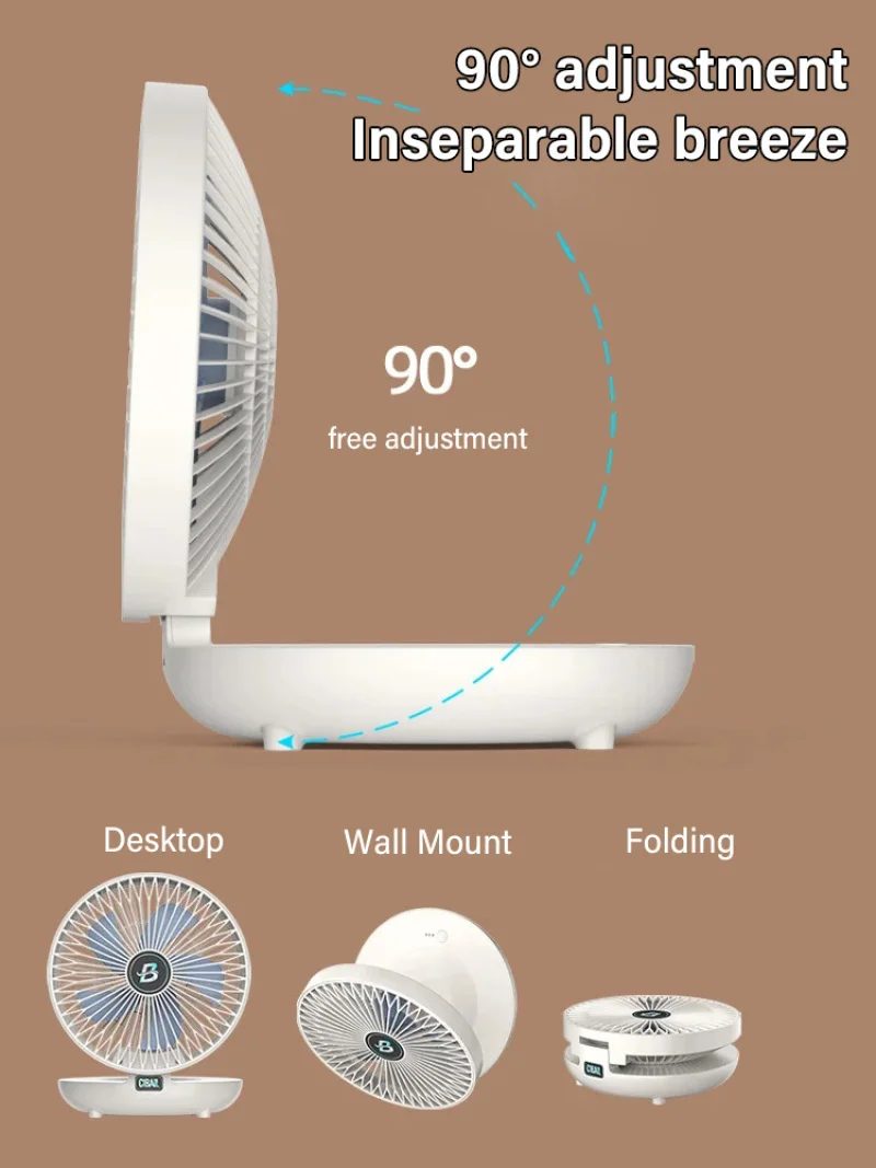 Ventilatore piccolo regolabile a 3 velocità USB ricaricabile home dormitorio muto ventilatore da tavolo ad alto vento ventilatore elettrico pieghevole portatile a 90 °