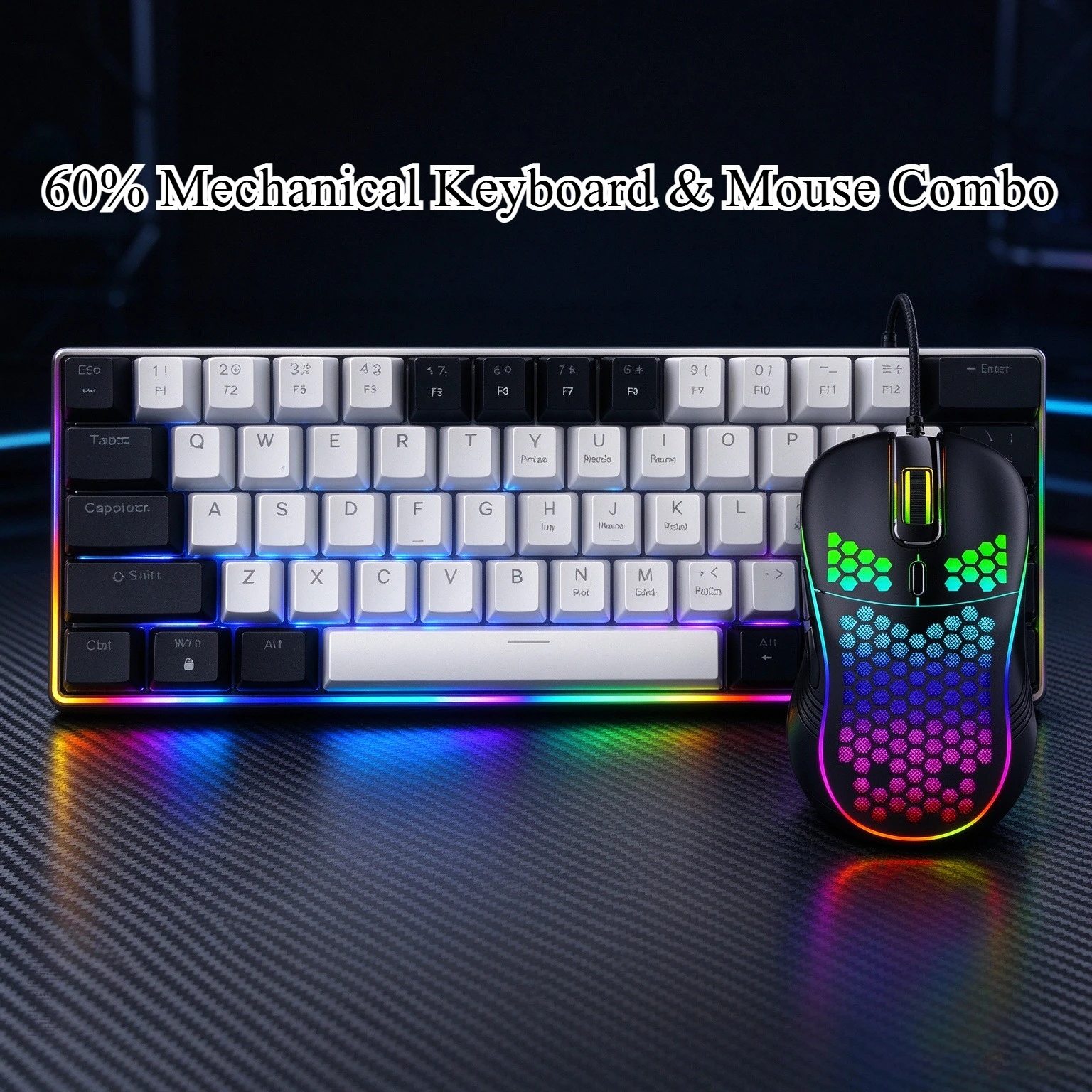 Wired 60% Mechanical Keyboard RGB Mouse Combo Compact Gaming Set, Blue Switch, Detachable Cable Ergonomic for Laptop Desktop PC