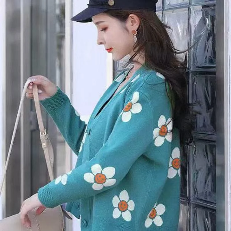 2023 Vintage Flower Knit Cardigans Sweater y2k Women Autumn Winter V Neck Loose Elegant Sweater Coat Female Casual Thick Clothes