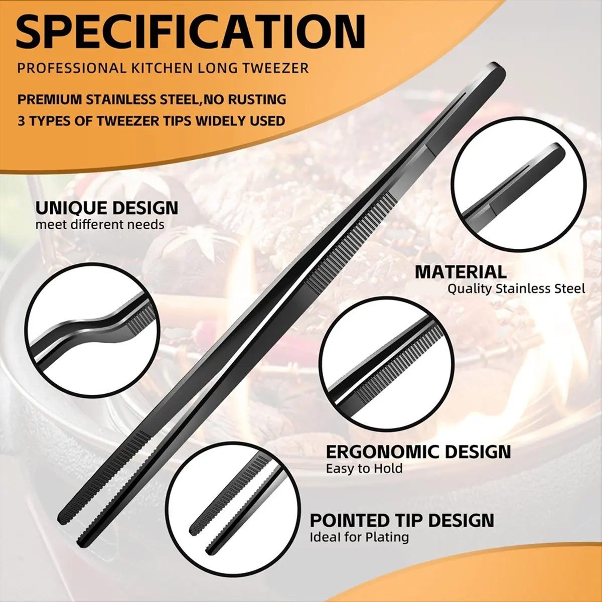 AT16 3 Pcs 30cm Fine Tweezer Tongs, Extra-Long Stainless Steel Cooking Tweezers, Multi-Function Tips Kitchen Serving Tong