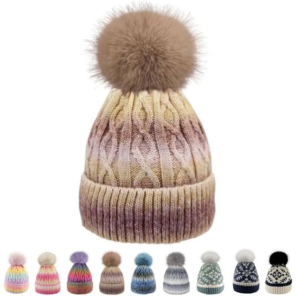 

Women's Winter Beanie Hat -Cashmere Inner Layer Chunky Knit Pom-Pom Stocking Cap for Girls Cold Weather
