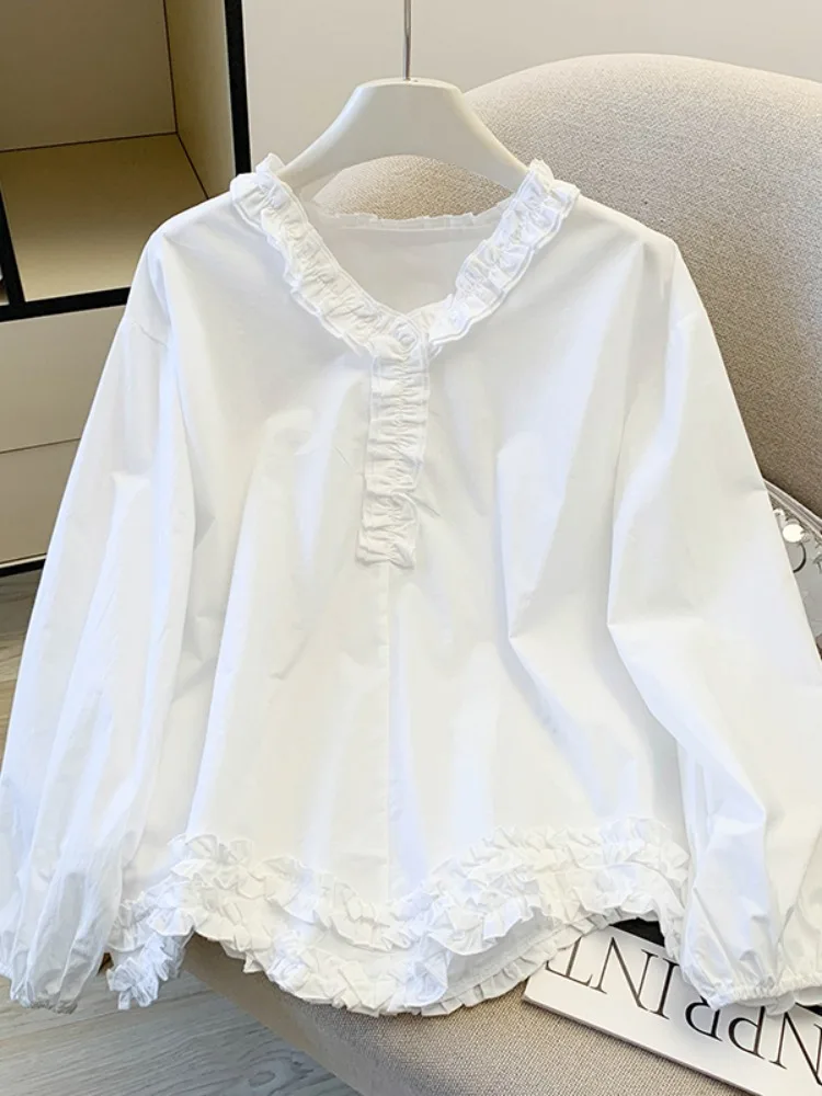 

Elegant V-Neck Long Sleeve Shirt Women's Spring Fashion Vintage Doll Shirt Wooden Ear Shoulder Design Straight Cut Commute Style