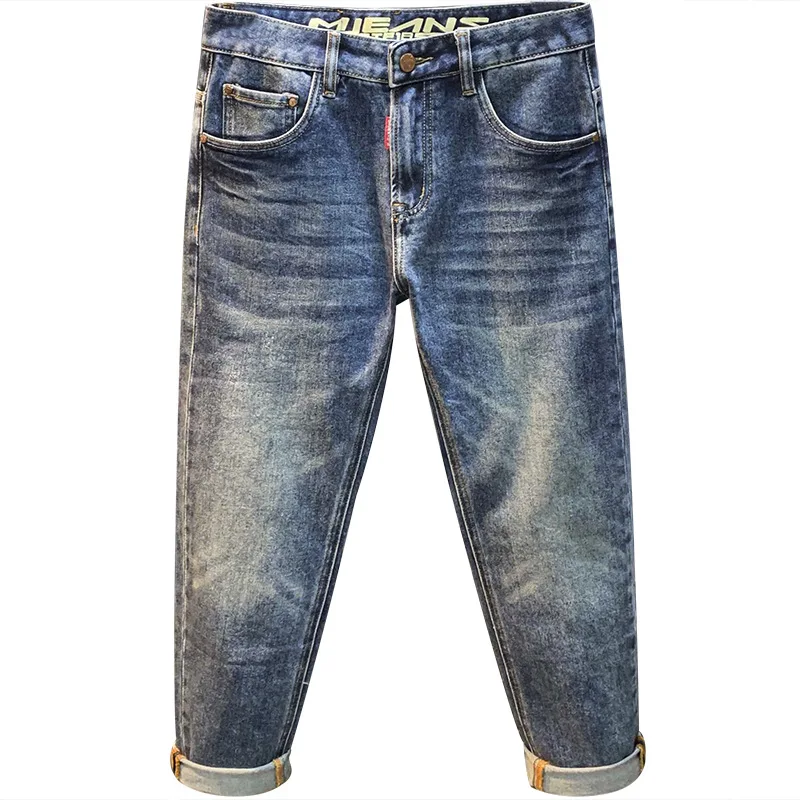 2024 new fashion wash blue jeans men's autumn trendy printed elastic minimalist casual trousers