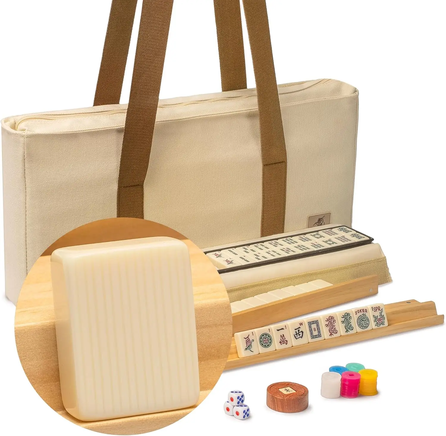 

American Mahjong Set, Ivory Stripes - 166 Tiles, Beige Case, Wooden Racks, Coins, Dice