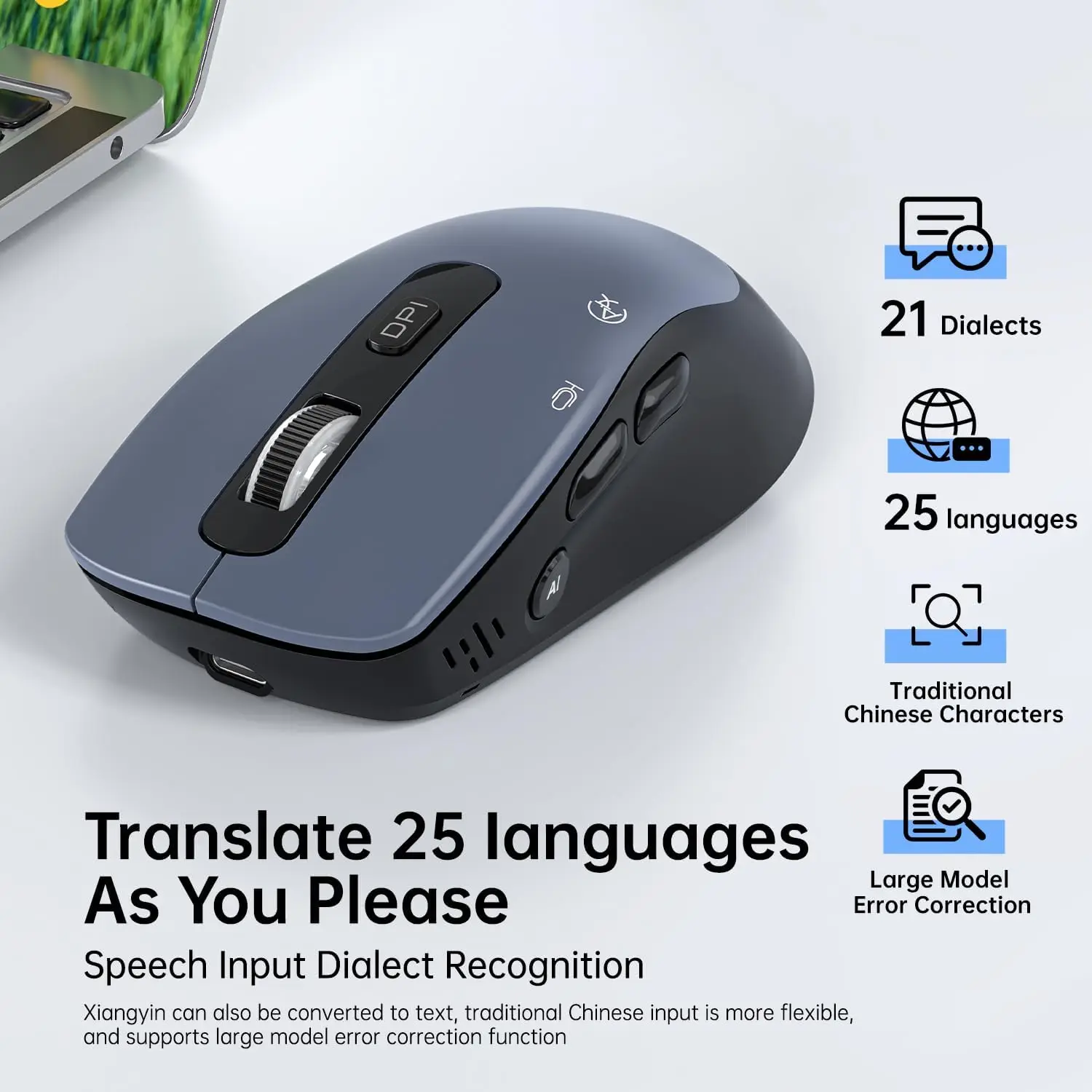 Bluetooth&2.4G Wireless AI Voice Mouse with 3200DPI Adjustable,Rechargeable 7 Button Wireless Optical Mouse for Window/Mac OS