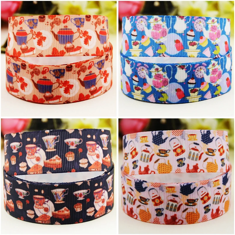 

22mm 25mm 38mm Teacup cartoon printed Grosgrain Ribbon DIY Hair Bows Merry Party Gift Decoration Material 10 Yards satin ribbons