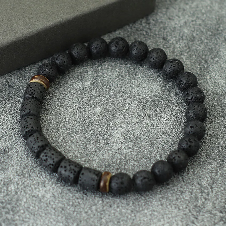 Simple Style Mens Bracelet Beaded Natural Volcanic Rock Chakra Braslet Handmade Wooden Healing Braclet Gifts For Boyfriend Joias