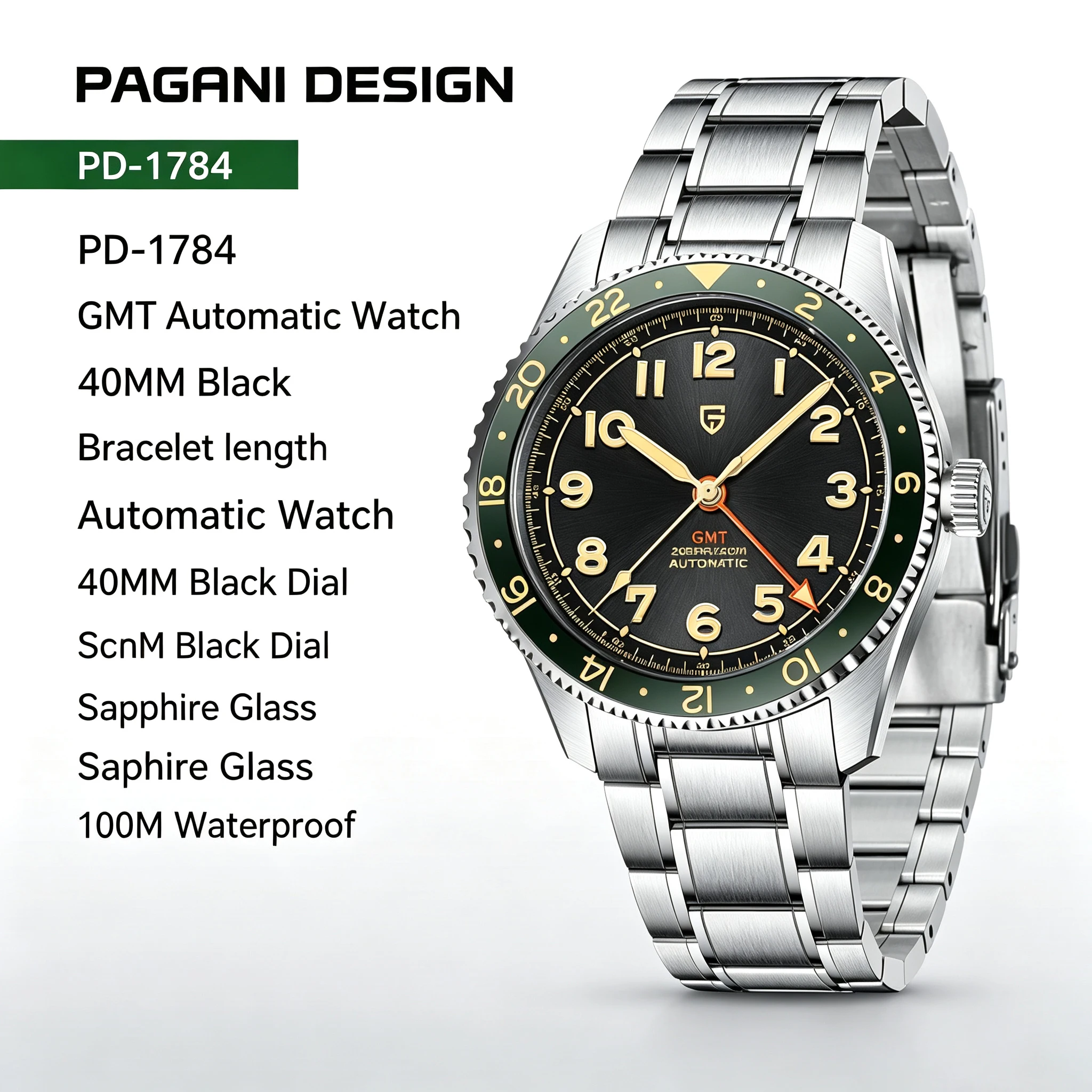 PAGANI DESIGN New GMT Men's Pilot Watch Automatic Mechanical Watch 40MM Sapphire Stainless Steel Diving 20Bar Luminous C3 Reloj