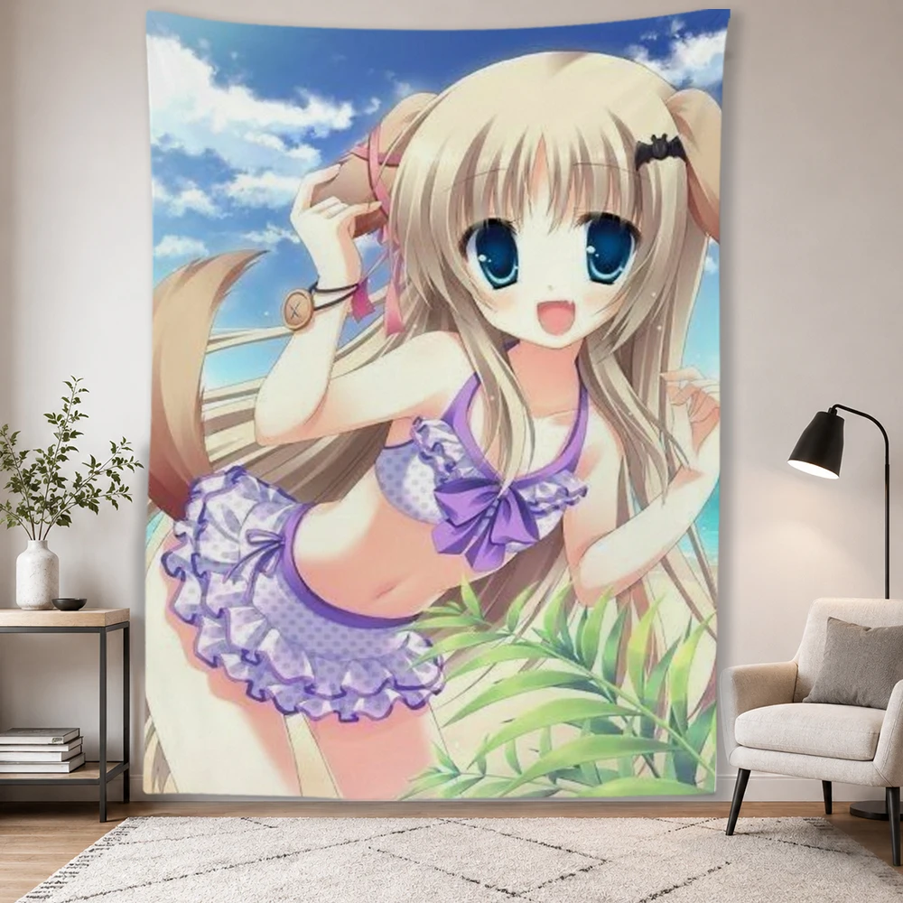 Kawaii Anime Dog Ear Girl Tapestry Wall Hanging Beach Swimsuit Bow Summer Sky Ocean Aesthetic Wall Art Polyester Poster