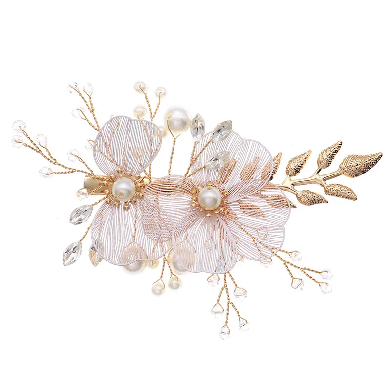Fashion Gold Color Flower Bridal Barrettes Pearl Rhinestone Hair Clip For Friends Pearl Bridal Wedding Hair Accessories