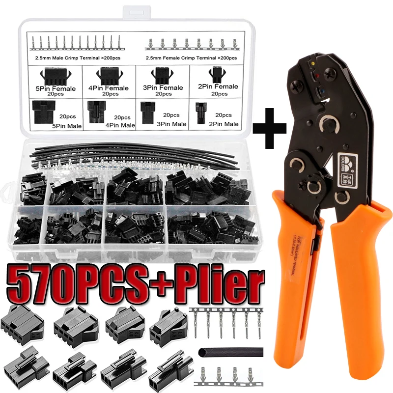 570pcs Terminal 2 3 4 5 Pin Wire Connector 2.5 mm Pitch Male and Female Connector Adapter+1PCS Terminal Crimping Pliers