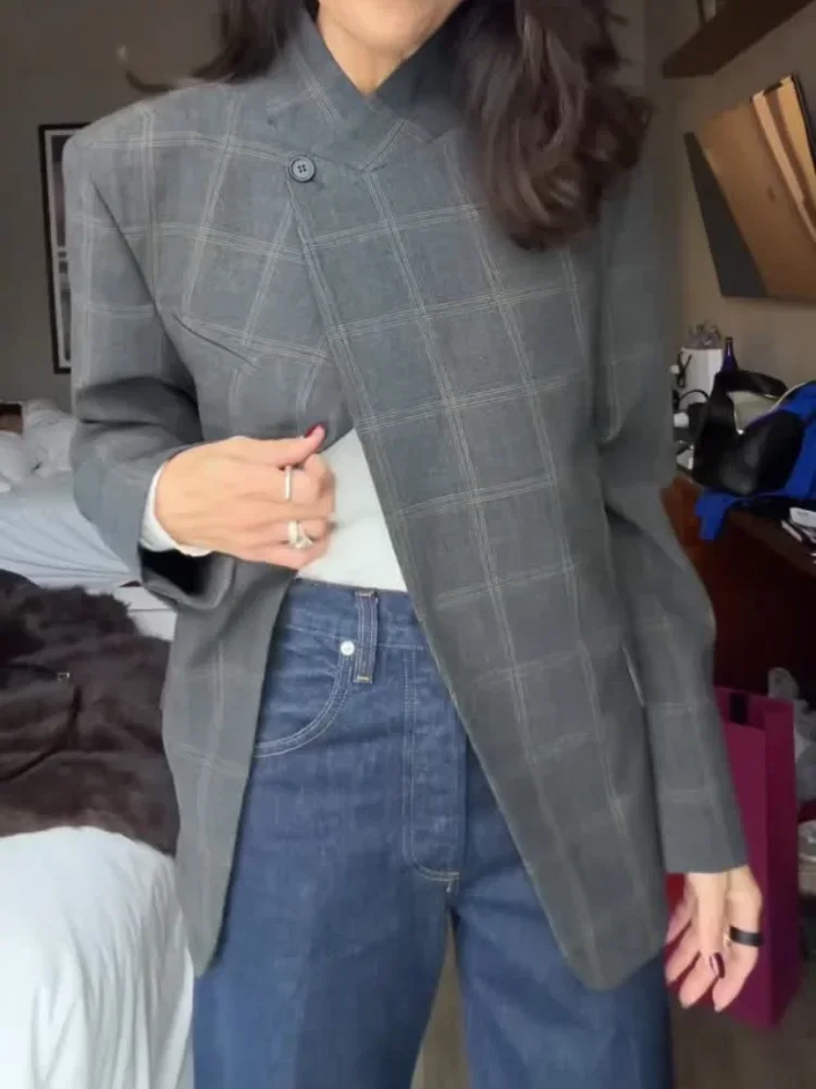 Women Plaid Print Blazer Jacket Fashion Stand Collar One Button Full Sleeve Loose Short Coat Office Lady Daily Commute Outerwear