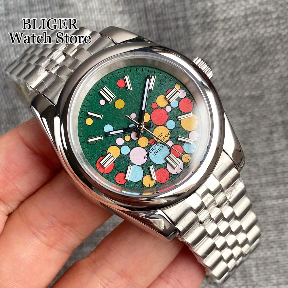 BLIGER Blue Pink Green 36mm 39mm Polished Bezel NH35A PT5000 Automatic Men Watch Bubble Dial Steel Bracelet Sapphire 2023 New