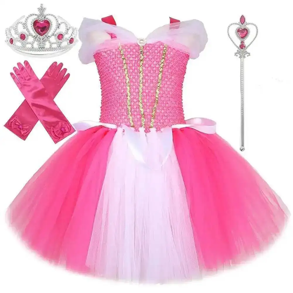 Pink Fairytale Princess Costume for Girls Birthday Party Tutu Dress Kids Halloween Carnival Fancy Outfit with Crown Wand Gloves