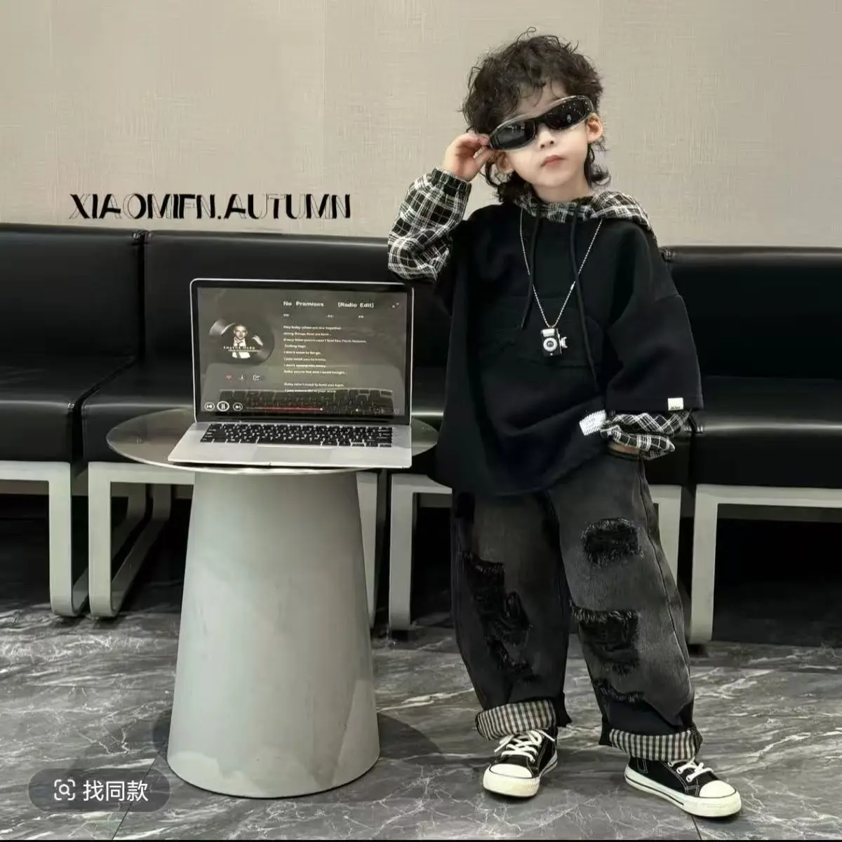 

Spring Autumn Baby Boys Fake two Hooded Plaid Tshirts+ Jean Pants 2pcs Children Set Casual Sportswear Streetwear Handsome Suits