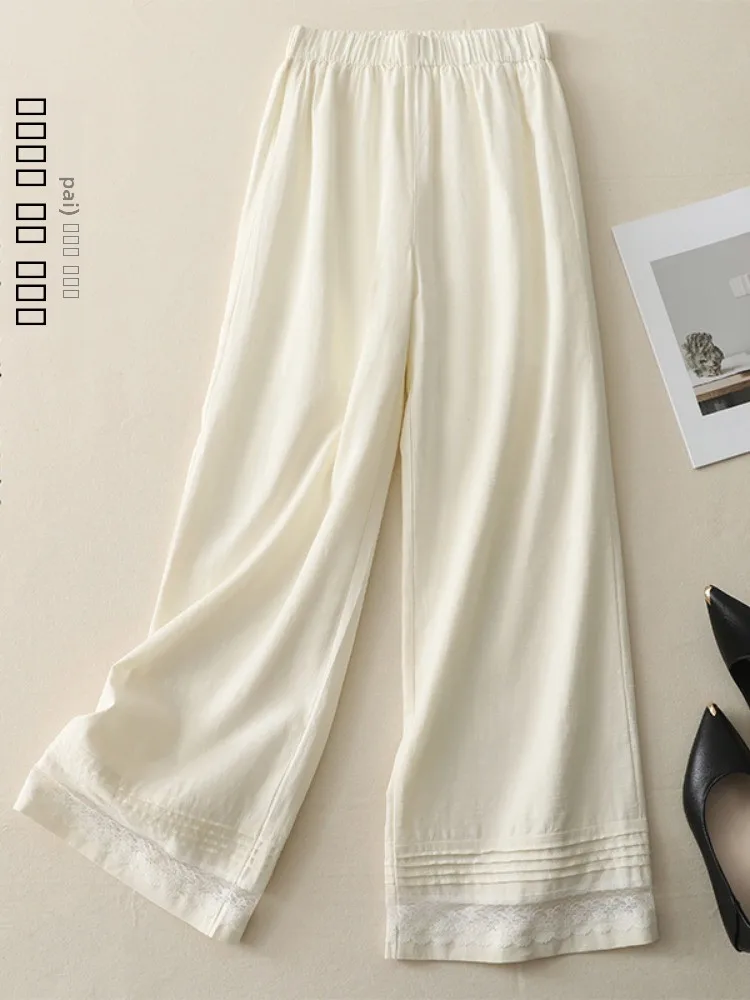

Повседневные женские летние брюки с высокой талией из хлопка и льна, широкие, прямого кроя, с внутренней подкладкой, с художественной кружевной отделкой, свободного кроя