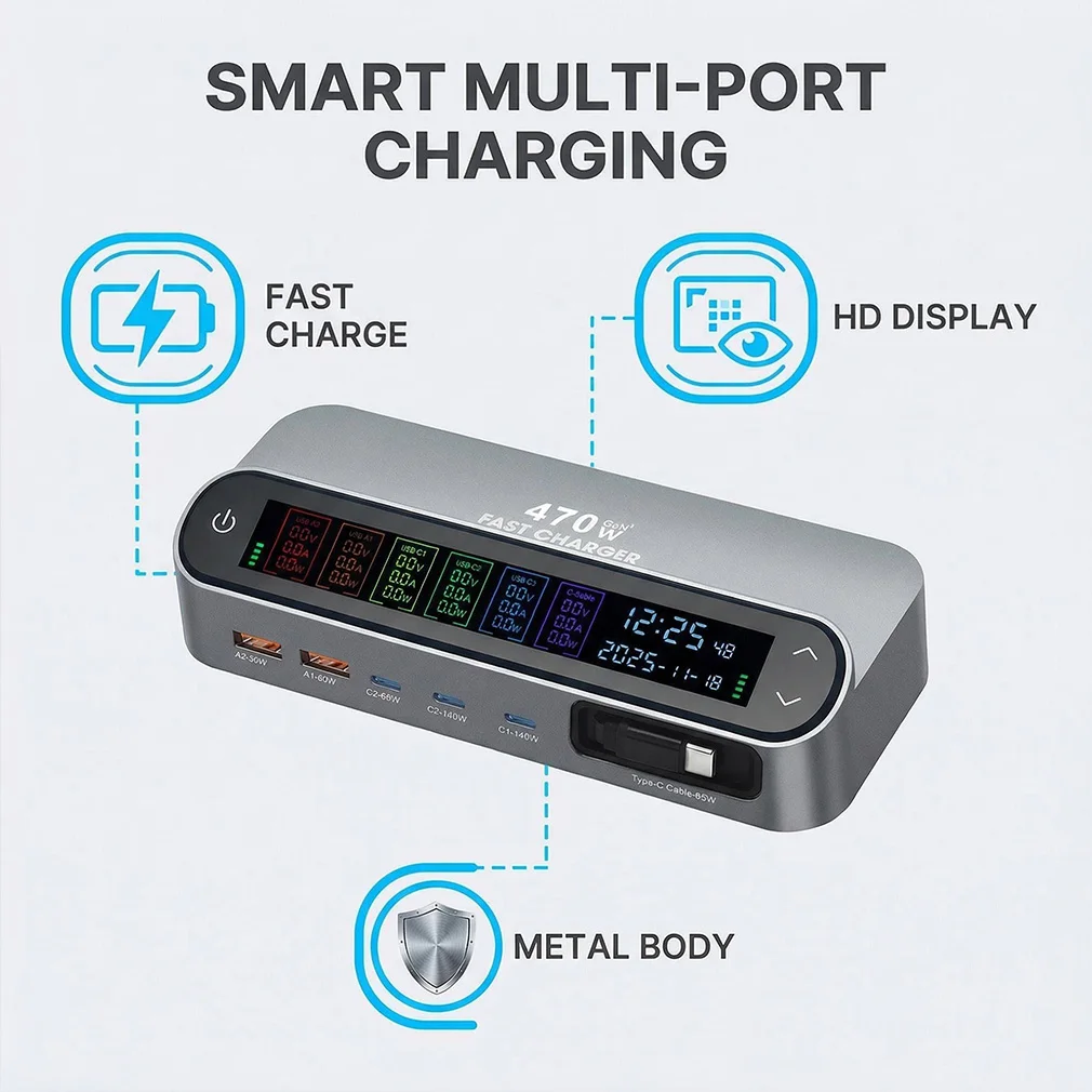 

Multi Port 470W/405W LCD Display Screen GAN Fast Charger 140W Type C Desktop Charging With 65W Scalable Cable Dropshipping