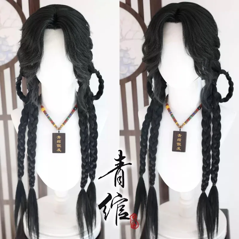 Black Braided Cosplay Wig, Simulation Hand Tied Stylized Synthetic Wig, Thick Braid Full Head Wig for Costume Party