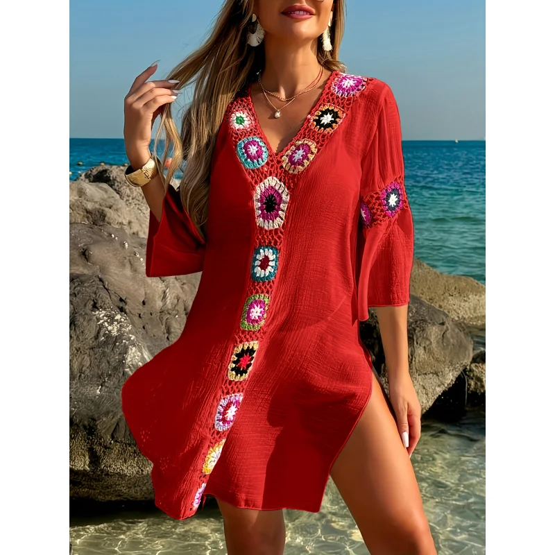 

Женское пляжное платье в стиле отдыха на пляже, с ручной вязкой крючком, в стиле пэчворк, легкое и элегантное, повседневное и модное, полупрозрачное платье-накидка.