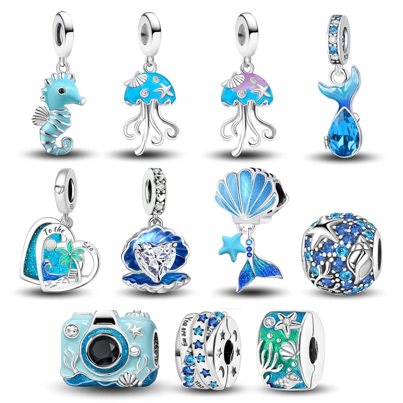 925 Silver Plated Camera Seahorse Blue Ocean Series Charms Bead Fit DIY Making Bracelet Necklace Gift High Quality Fashion Beads