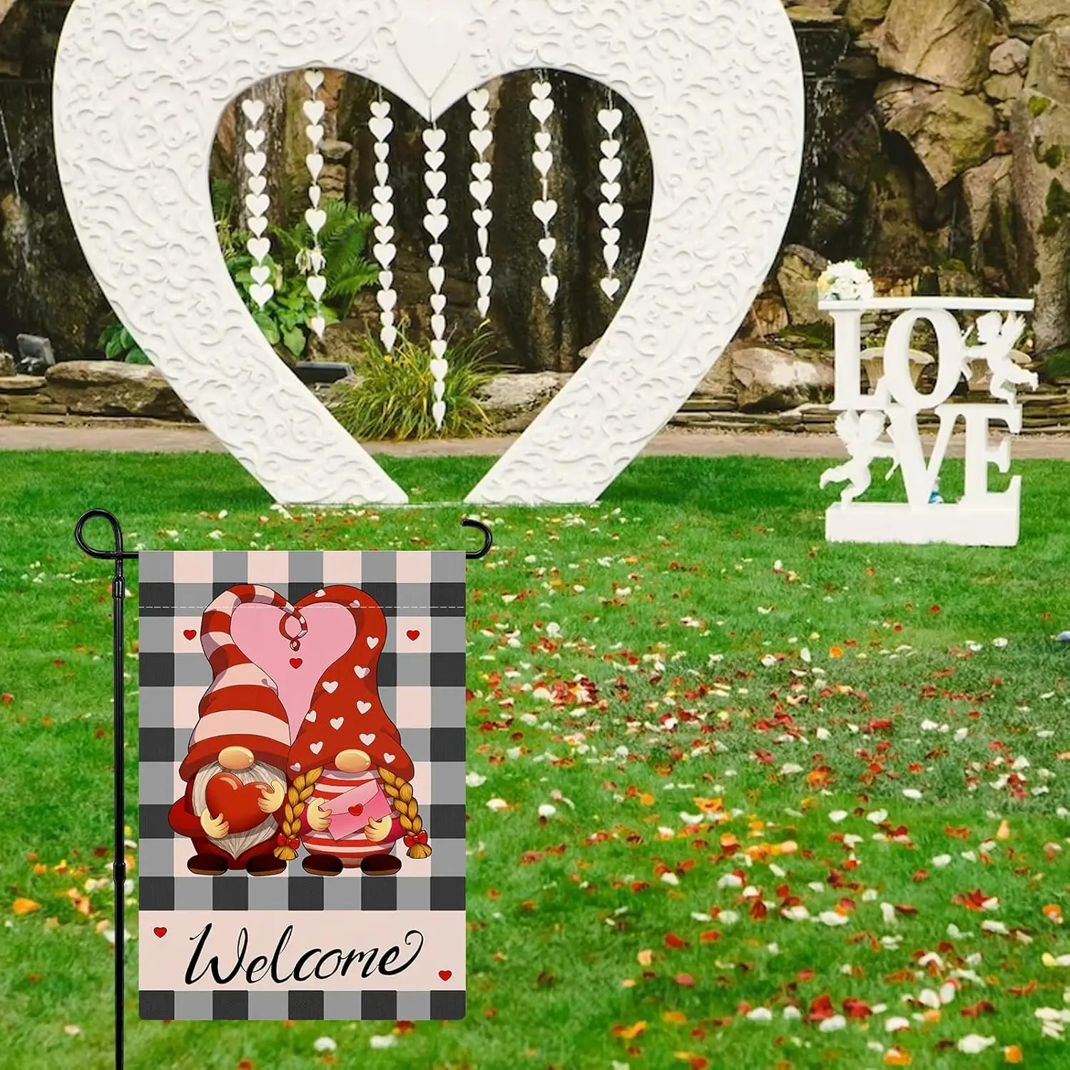 Valentines Day Garden Flag 12x18 Inch Double Sided Love Gnomes Yard Flag Valentine’s Day Seasonal Holiday Outdoor Decoration