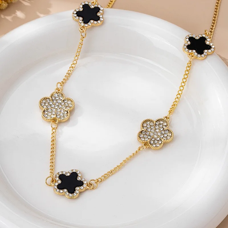 Gold Two‑Sided Clover Choker Necklace, Black Enamel & Crystal Paved Four‑Leaf Clover Chain, Lucky Statement Jewelry for Women