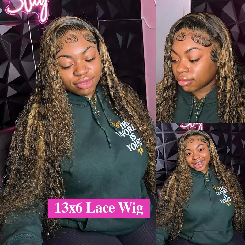 36インチ ハニーブロンド 13x4 ディープウォーターウェーブ レースフロントウィッグ 人毛 4/27 ハイライト 透明レースフロント カールウィッグ 女性用