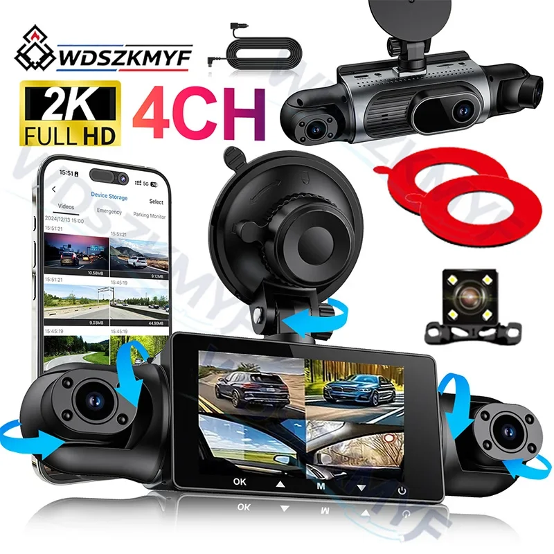 360° Dash Cam 3/4 Channel 2K Car Video Recorder Black Box with Night Vision 24/7 Parking Monitor G-Sensor Recording Auto Parts