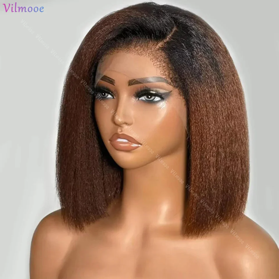 

Ombre Brown Short Bob 13x4 Silk Base Wig Brazilian Remy Glueless Kinky Straight Human Hair Wigs Yaki 5X5 Closure Wig for Women