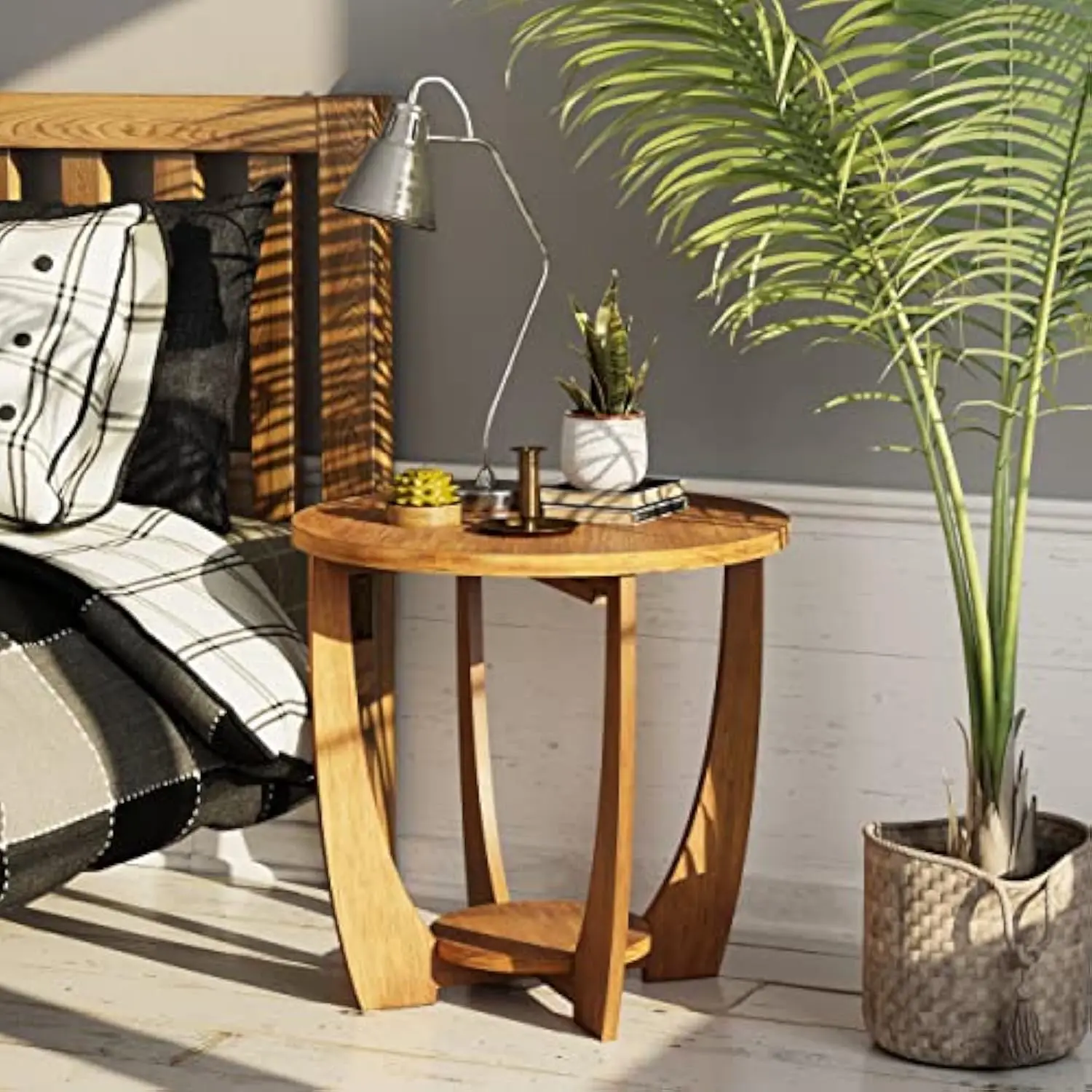 

Round Farmhouse End Table for Small Spaces, French Country Accent Side Table with Storage Shelf, Dinning or Living Room, Moder
