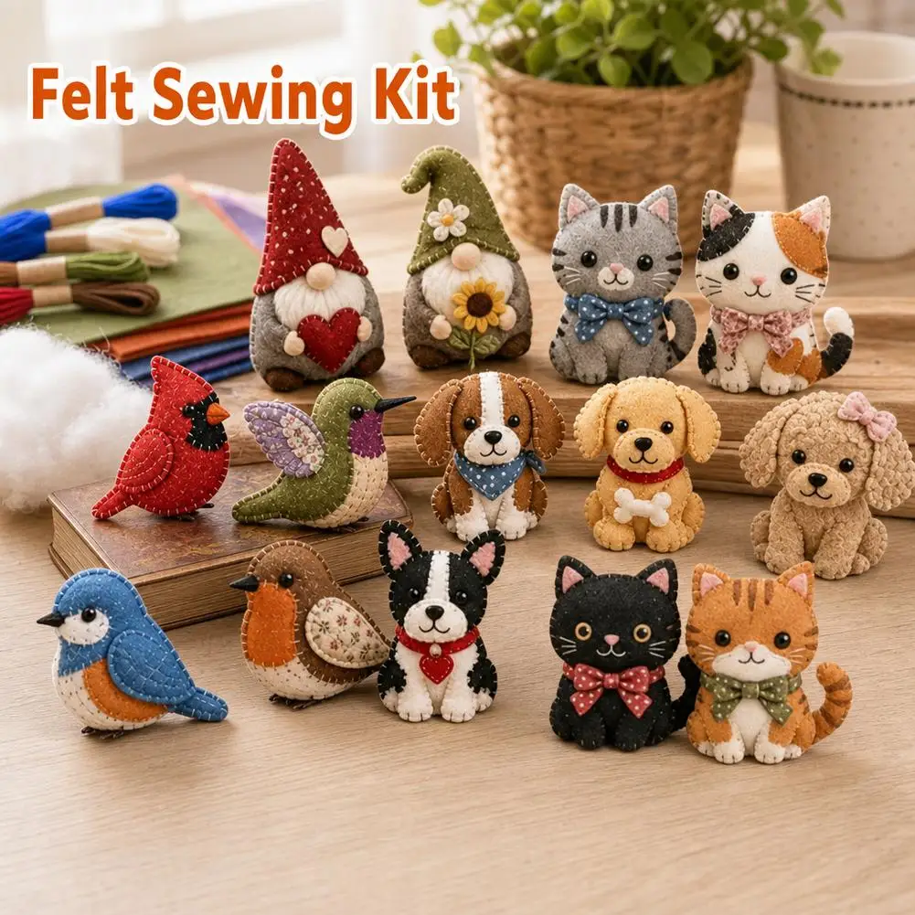 Kit de couture animaux en feutre mignon, fournitures de bricolage pour débutants, adolescents et adultes, ensemble d'artisanat textile animal inachevé