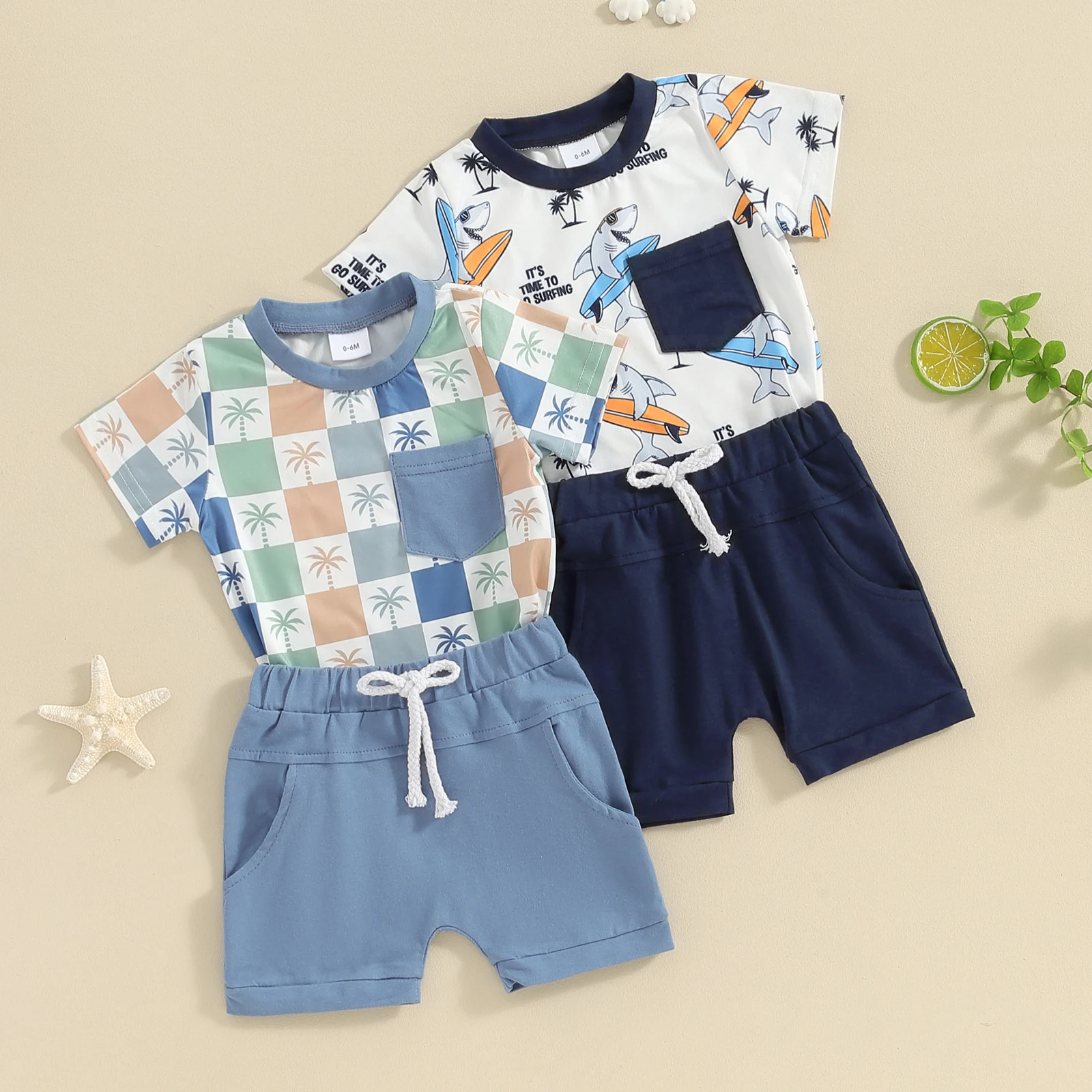 

Toddler Boys Summer Outfits Beach Style Shark/Tree Print Short Sleeve T-Shirts Tops and Shorts 2Pcs Clothes Set