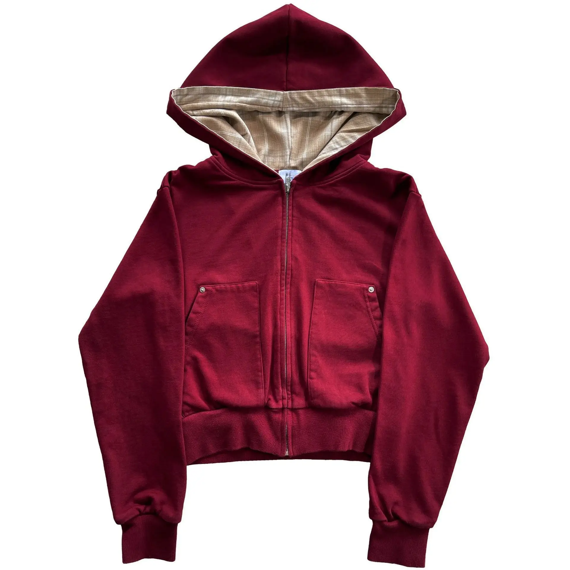 

Grey short hoodie jacket autumn clothing winter loose plaid lining cardigan sweatshirt fashionable and versatile