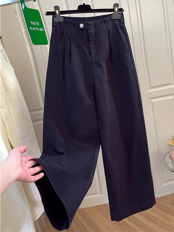 Casual Taille Baumwolle Breite Bein Hosen Gerade Cut Elastische Taille Herbst Marke frauen Faion Hohe Taille Taste Fly Damen hosen...