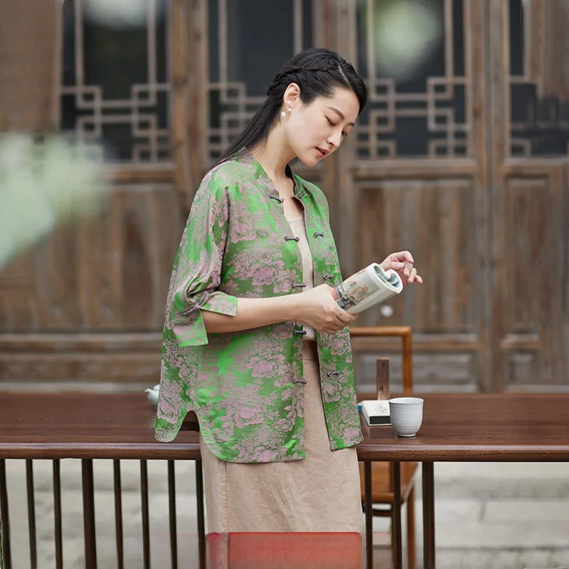 

Original Summer Silk Embroidered Stand Collar mid Open Shirt Authentic Design Dust And Snow Four Piece Women's Business Casua...
