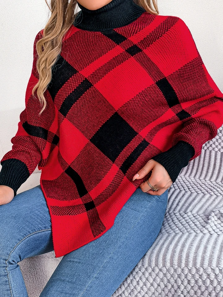 Christmas Casual Color Contrast Plaid High Collar Long Sleeve Women's Sweater Winter Clothes Woman Fashion 2025 Pullover Women