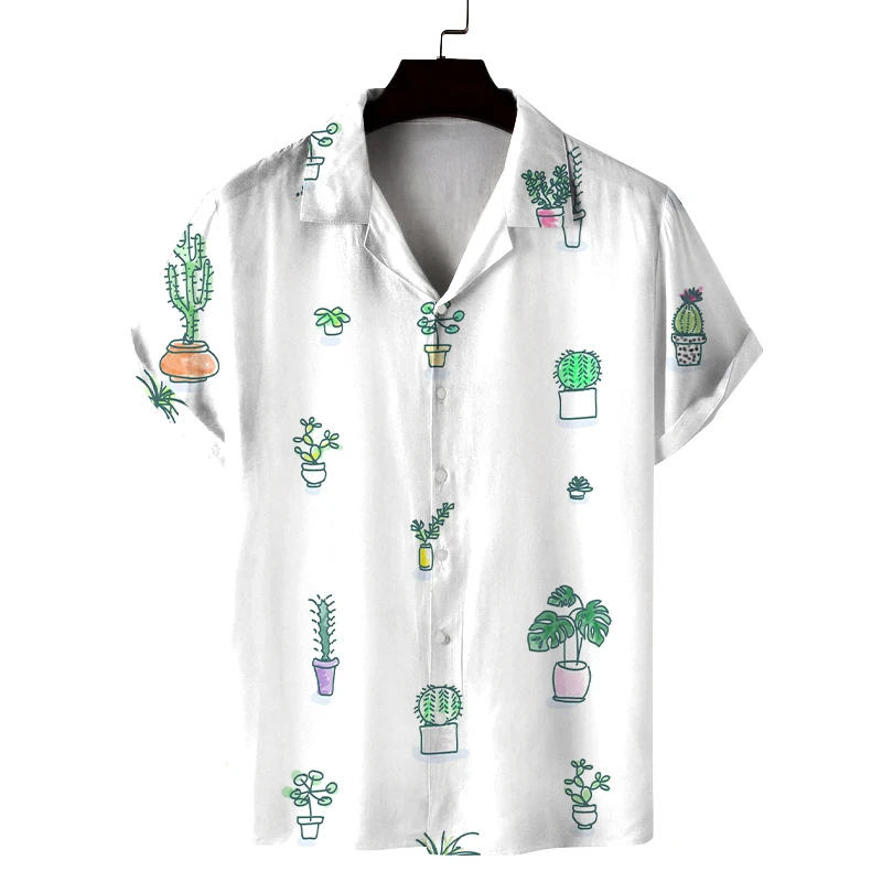 

Men's summer Cuban collar short-sleeved shirt with plant pot print men's shirt comfortable, breathable and versatile