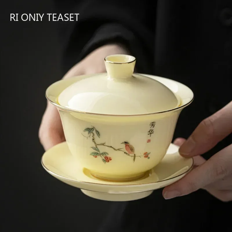 

130ml Chinese Ceramic Tea Tureen Handmade Suede Jade Porcelain Teacup Hand-painted Flowers and Birds Tea Bowl Gaiwan Tea Set