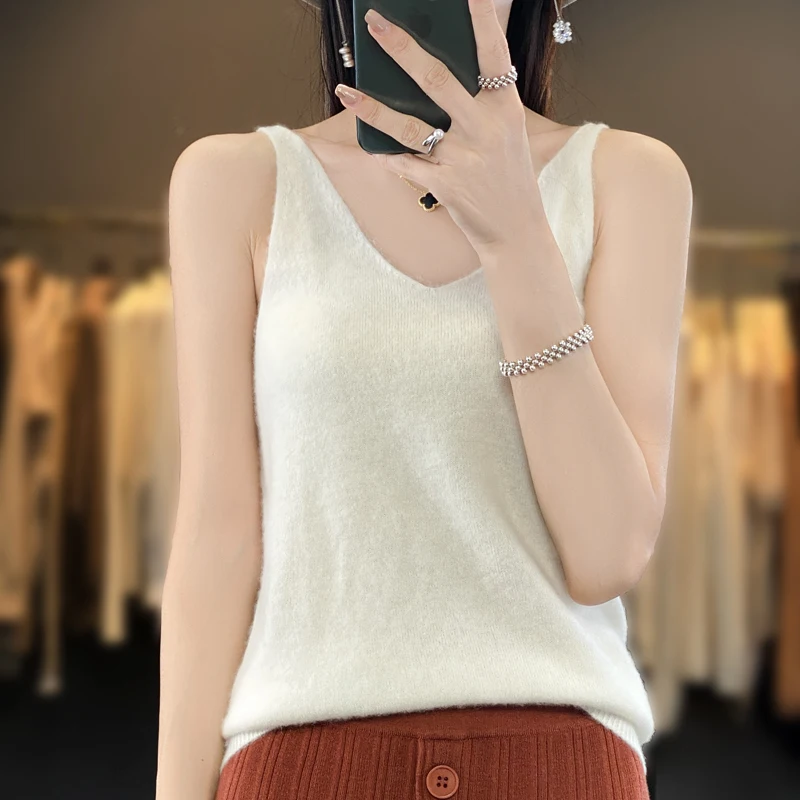 

Basics Spring Summer Women Camisole 100% Merino Wool Solid V-Neck Tank Tops Sleeveless Knitted Clothing Vest Soft Thin Outerwear