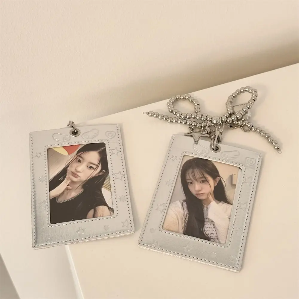 INS Style Multifunction Kpop Photocard Holder Silver with Keychain Photocard Case PVC Cute Idol Photos Protective Cover Girls