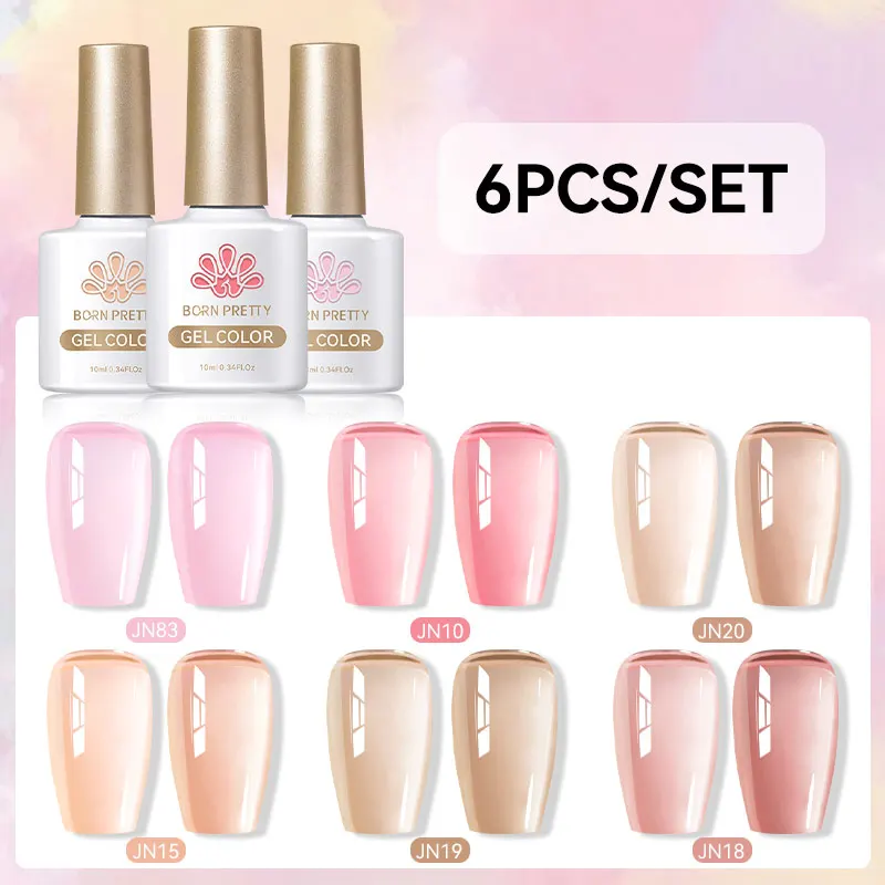 

BORN PRETTY 6PCS Jelly Color Nail Gel Polish Set 10ml Semi-transparent Self Leveling Nude Natural Pink Nail Art Manicure Kit