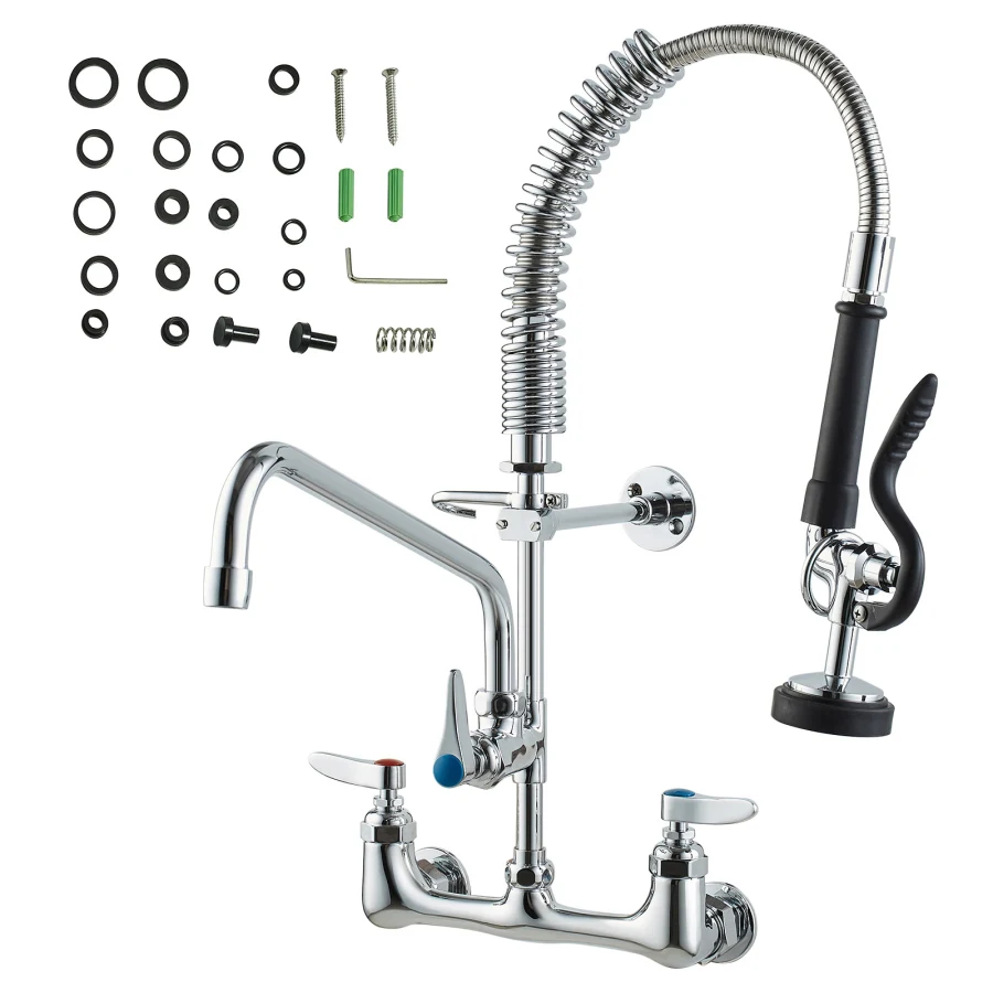 

Commercial Faucet with Pre-Rinse Sprayer 21" Height 8" Center 12" Swing Spout Wall Mount Kitchen Sink Faucet Brass Constructed