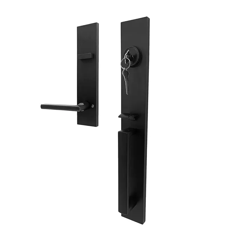 Modern Matte Black Zinc Alloy Long Plate Door Handle Set with Lock for Full Household
